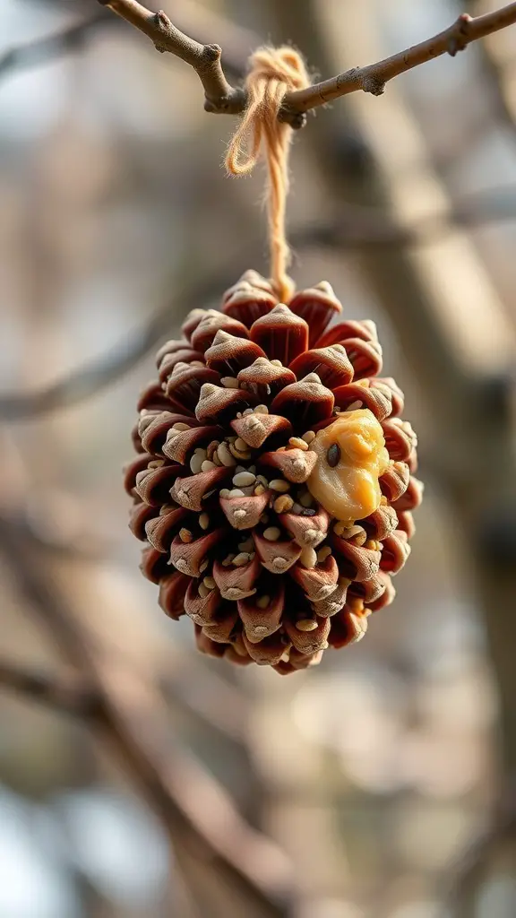 A rustic pine cone bird feeder hanging from a tree branch.