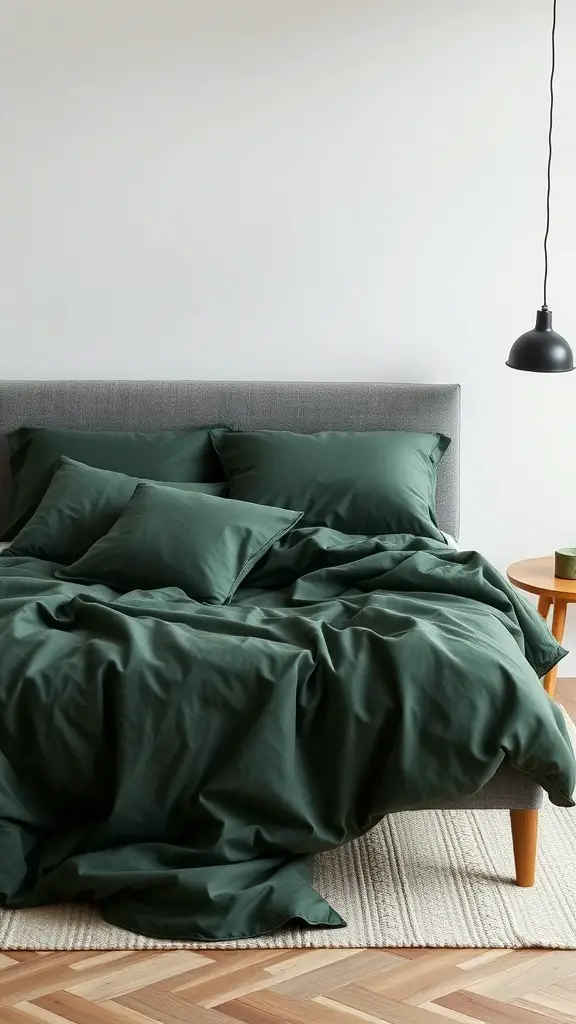 35+ Stunning Dark Green Bedroom Ideas for a Cozy Retreat 4 A cozy bed with layered dark green bedding and gray headboard