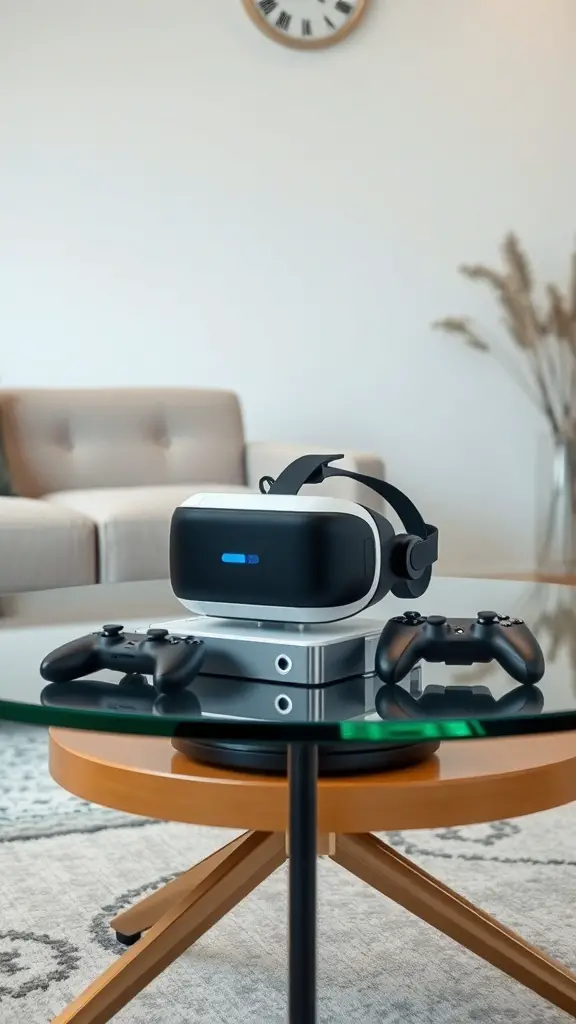A virtual reality headset on a coffee table with gaming controllers