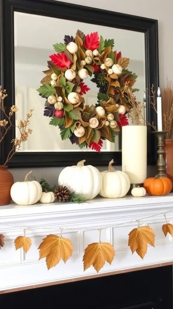 27+ Stunning Fall Mantle Decor Ideas You’ll Love 16 A beautifully decorated fall mantle with pumpkins, a wreath, and autumn leaves.