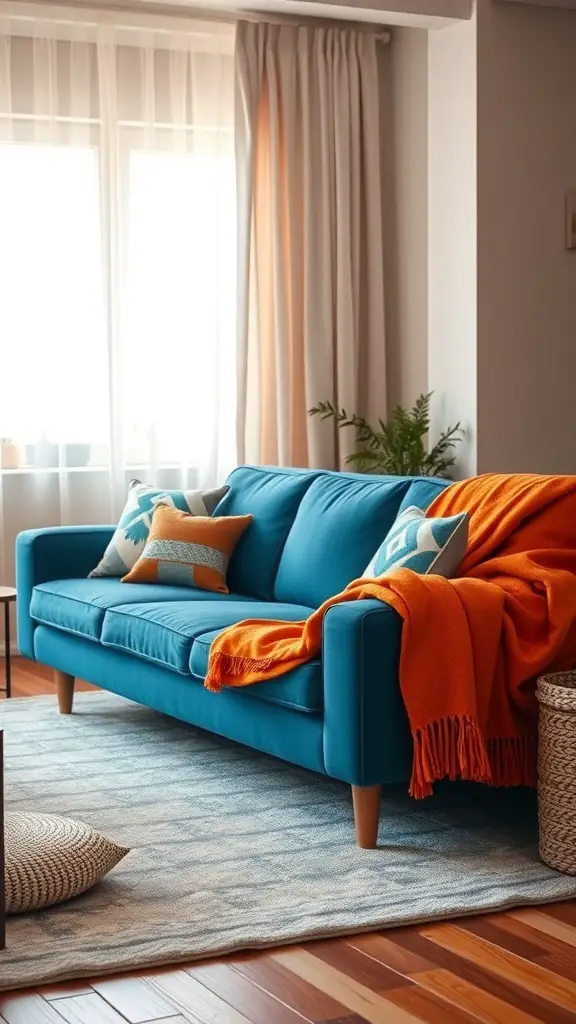 A cozy living room featuring a blue sofa with orange accents, natural light, and a plush rug.