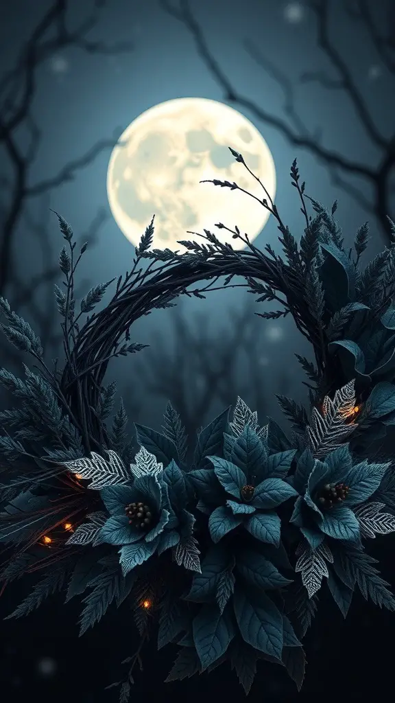 A dark blue Halloween wreath with leaves and flowers, illuminated by soft lights, set against a full moon backdrop.