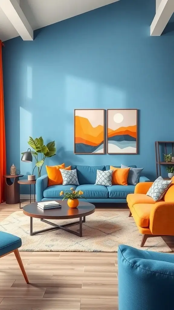 A living room featuring blue walls and orange accents, showcasing a balance of colors.