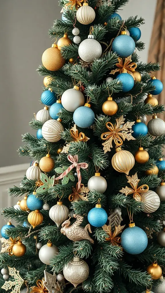 A Christmas tree decorated with vintage blue and gold ornaments, featuring shiny and matte finishes.