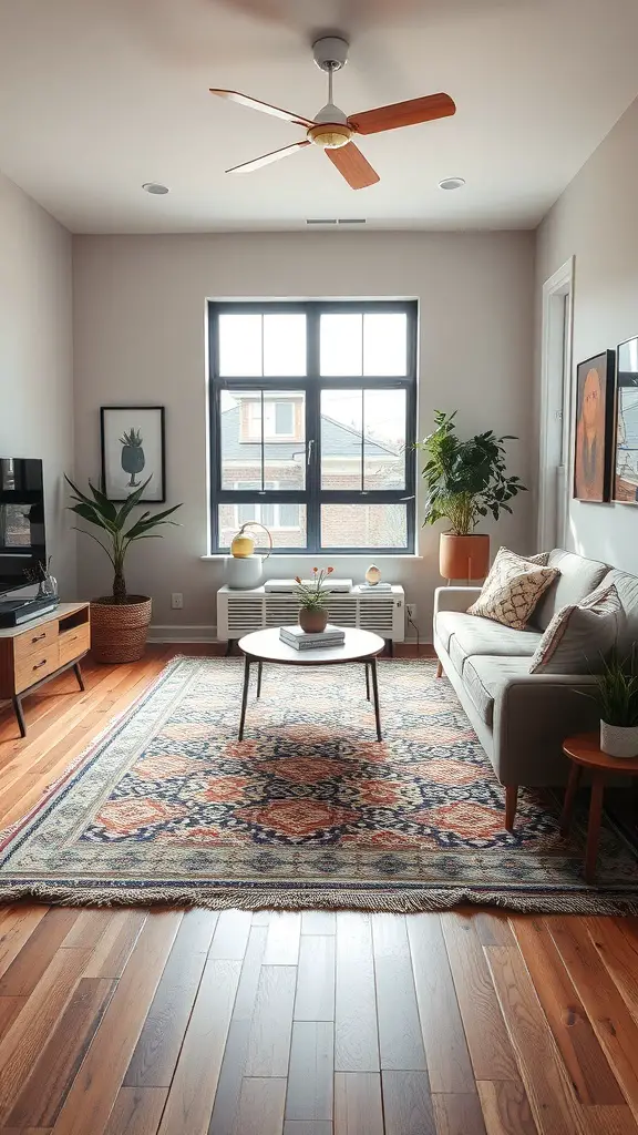 A mid-century modern living room featuring a colorful statement rug, wooden floors, and minimalist furniture.