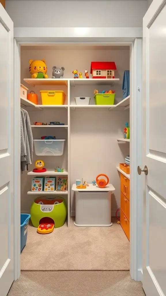 A well-organized kids closet with colorful bins, toys, and a small play area.