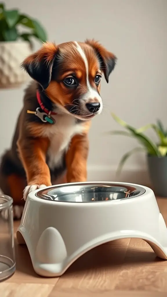 A cute puppy looking at a modern dog feeding bowl