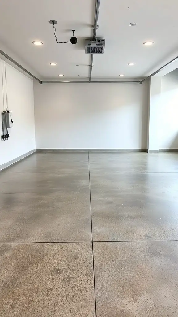 25+ Creative Garage Tile Floor Ideas to Transform Your Space 9 A modern garage with a stained concrete floor, showcasing a sleek and clean design.