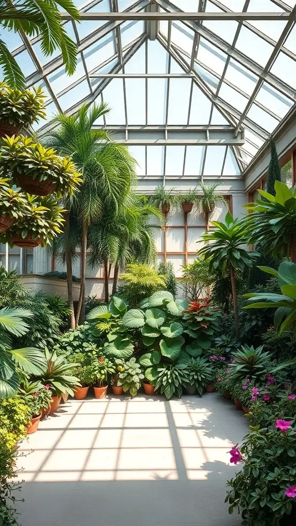 27+ Inspiring Atrium Garden Ideas to Transform Your Space 15 A bright and lush glass ceiling greenhouse filled with various plants and flowers.