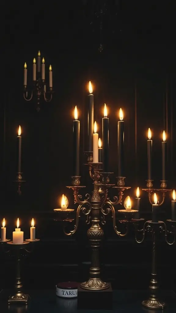 A gothic candle display featuring various candles in ornate holders against a dark background.