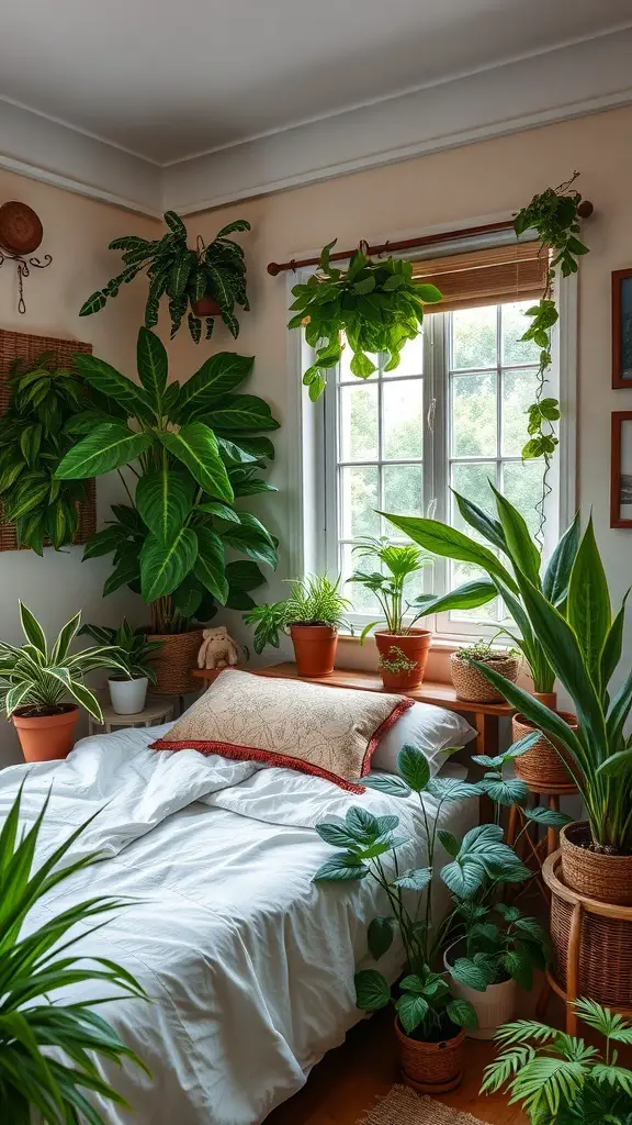 27+ Cozy Dark Earthy Bedroom Inspirations You’ll Love 14 A cozy bedroom filled with various indoor plants, featuring a bed with white linens and natural light coming through the window.