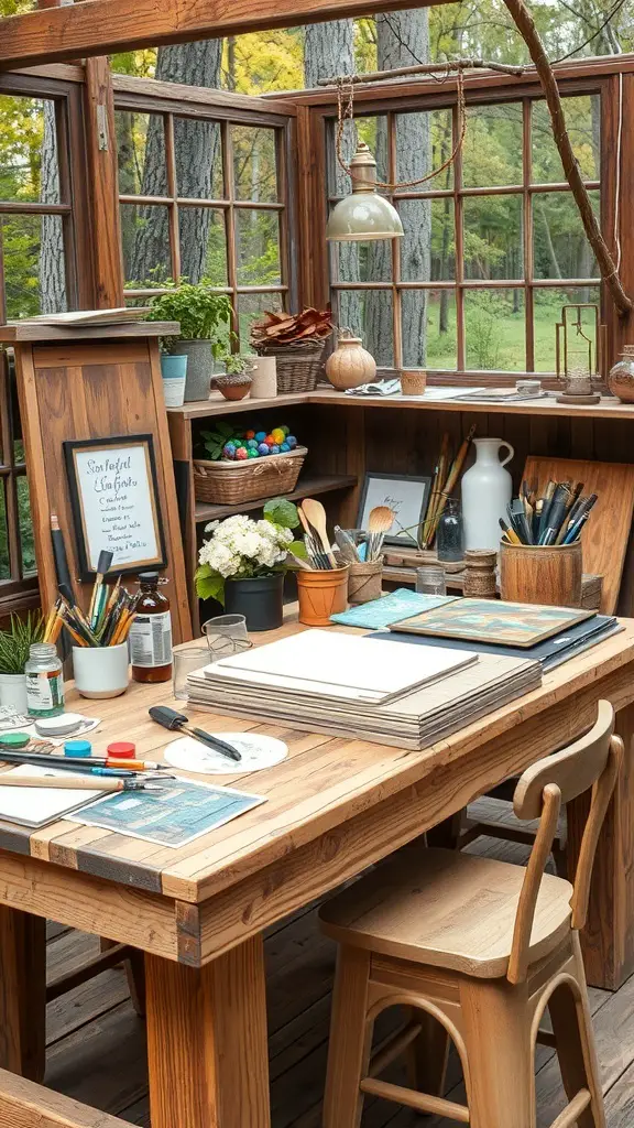 25+ Craft Tables with Storage for Organized Creativity 17 A rustic wooden craft table with storage, surrounded by plants.