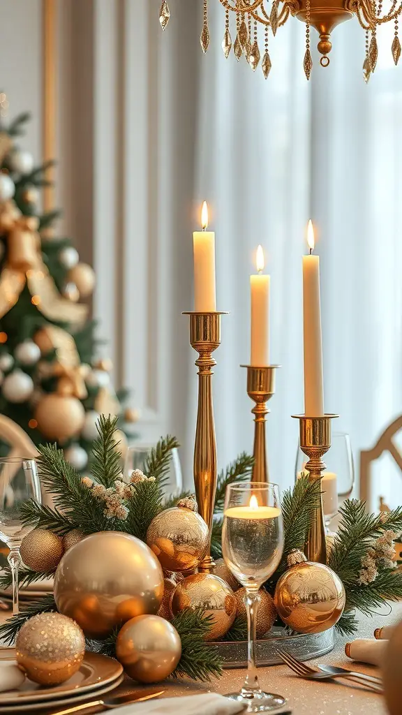 31+ Creative Christmas Centerpieces for Your Holiday Table 12 A festive table centerpiece featuring gold ornaments, tall candle holders, and greenery.