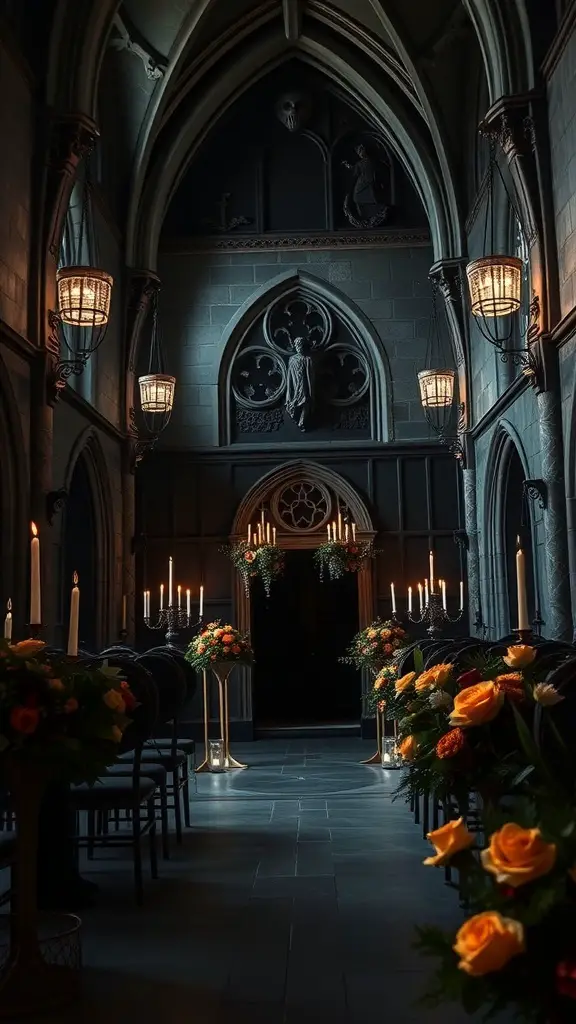 25+ Dark Romantic Wedding Inspirations You’ll Adore 2 Gothic-inspired wedding venue with high ceilings, candles, and floral arrangements