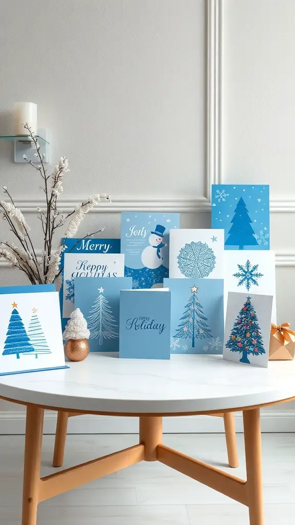 37+ Stunning Blue Christmas Decor Ideas for a Festive Winter Wonderland 15 A collection of blue-themed holiday cards displayed on a table.