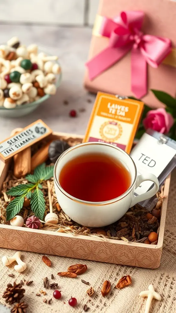 27+ Unique Christmas Gifts for Your Coworkers This Holiday Season 12 A cozy tea sampler gift set featuring a cup of tea, assorted tea bags, and festive decorations.