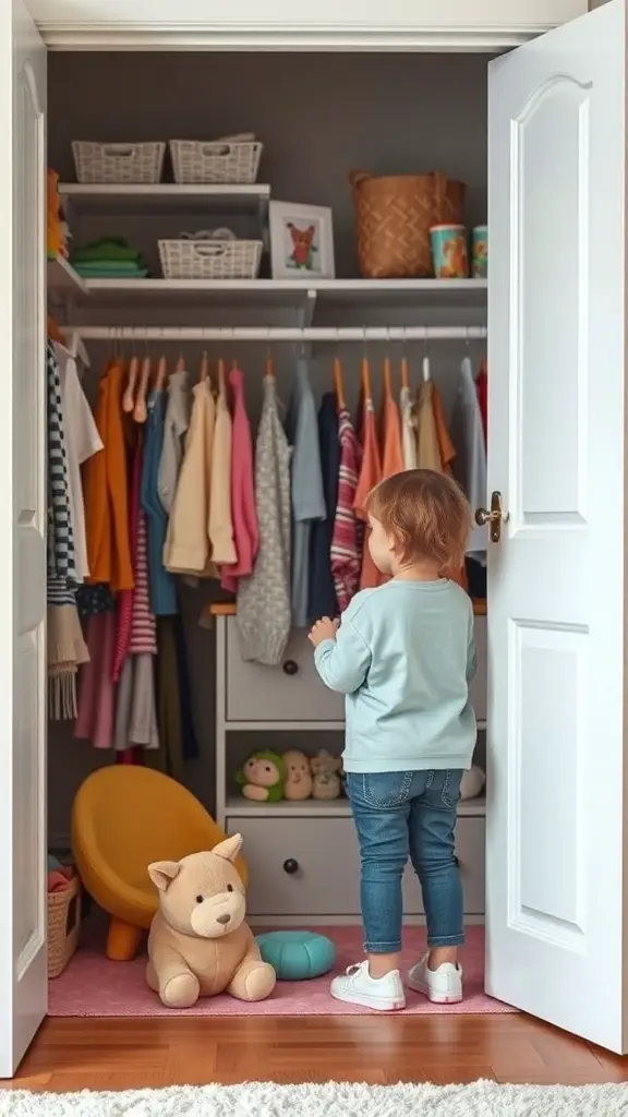 A child looking into a well-organized closet filled with colorful clothes and toys.