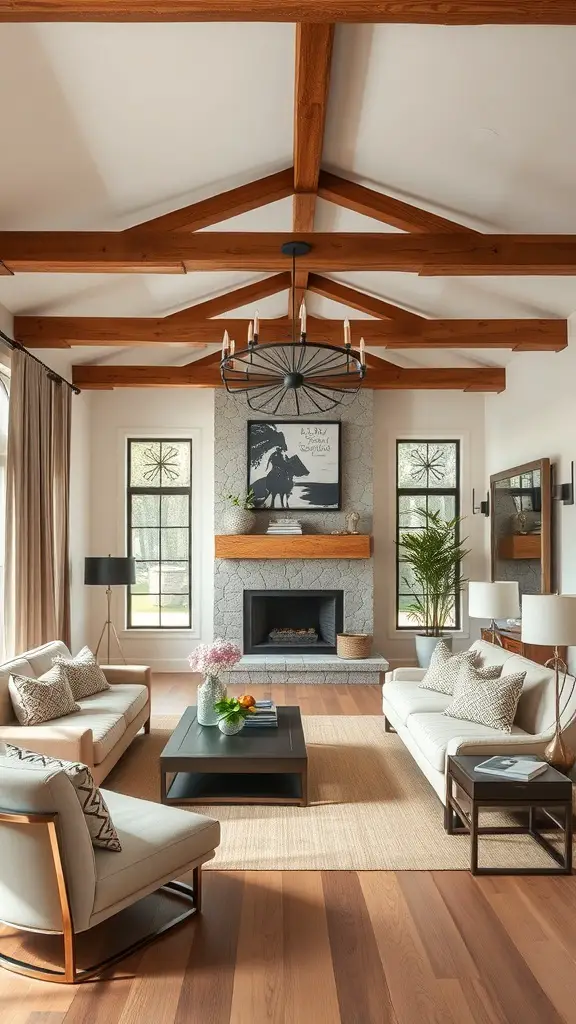 25+ Stunning Ralph Lauren Living Room Ideas for a Classic Makeover 8 A stylish living room featuring wooden beams, modern furniture, and a cozy fireplace.