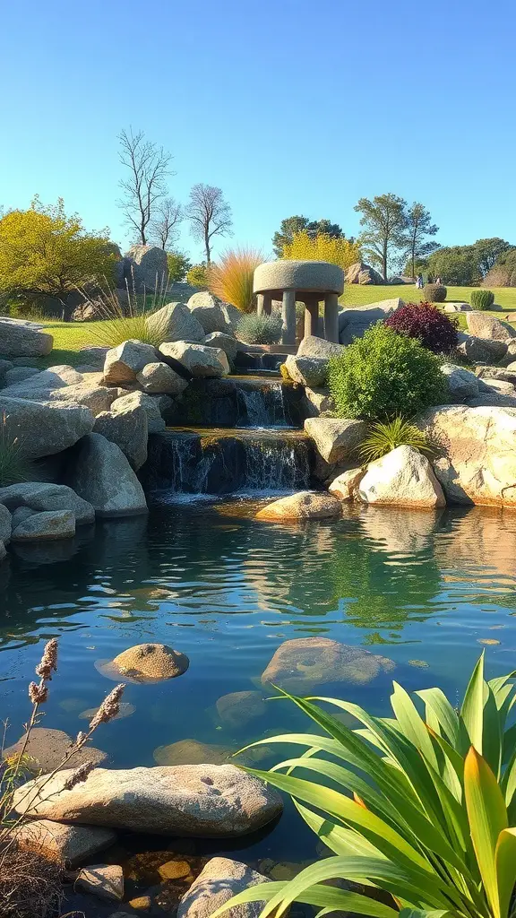 25+ Inspiring Rock Bed Landscaping Ideas for Your Garden 17 A serene water feature with rocks and plants, showcasing a peaceful landscape.