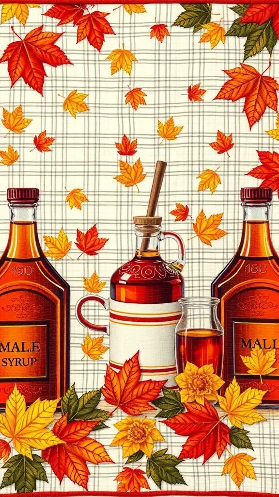 A quilt pattern featuring bottles of maple syrup and autumn leaves.