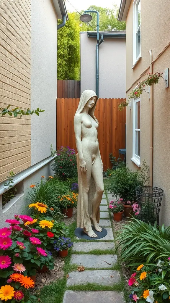 27+ Creative Long Narrow Backyard Ideas for Your Outdoor Space 14 A narrow backyard featuring a statue surrounded by colorful flowers and plants.