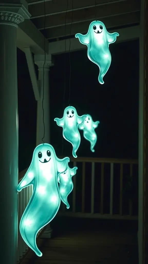 Glow-in-the-dark ghosts hanging on a porch