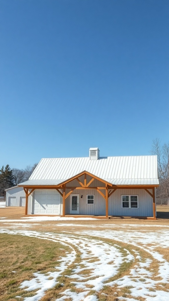 35+ Unique Pole Barn House Plans You'll Love 10 A pole barn house with a metal roof and wooden accents, set against a clear blue sky.