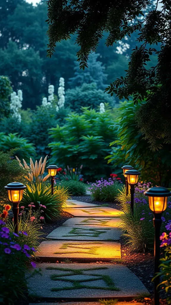 A beautifully lit pathway with solar lights surrounded by flowers and greenery.