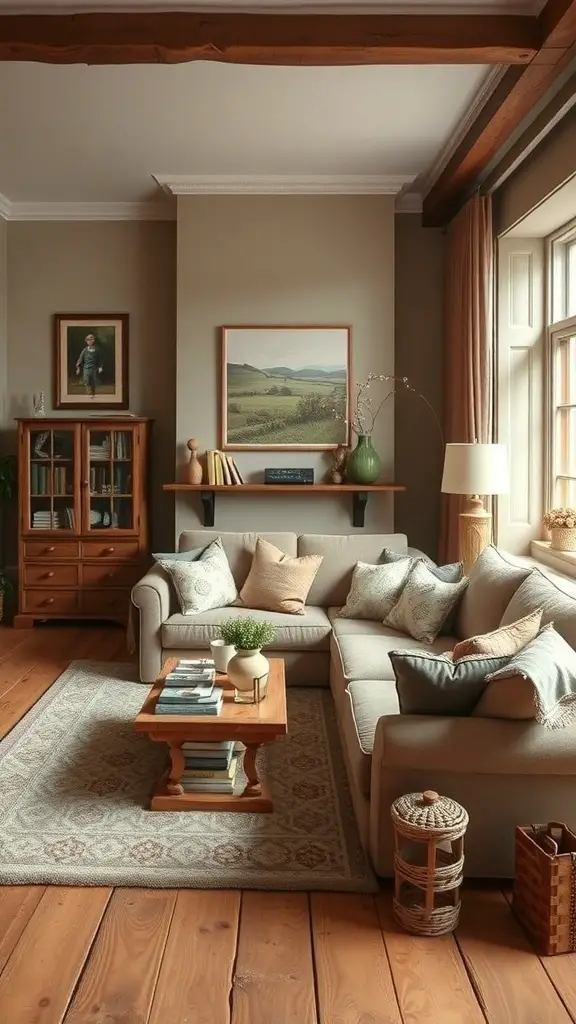 27+ Cozy English Countryside Living Room Ideas to Inspire Your Décor 9 A cozy English countryside living room with earthy color palettes, wooden beams, and comfortable furniture.