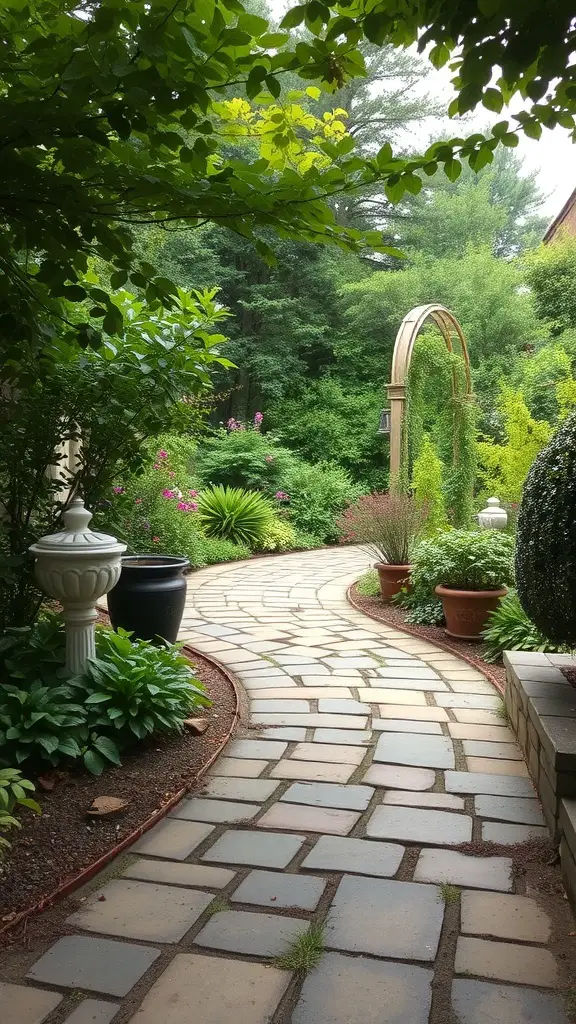 35+ Charming Small English Garden Ideas to Transform Your Outdoor Space 5 A winding stone pathway surrounded by lush greenery and flower pots.