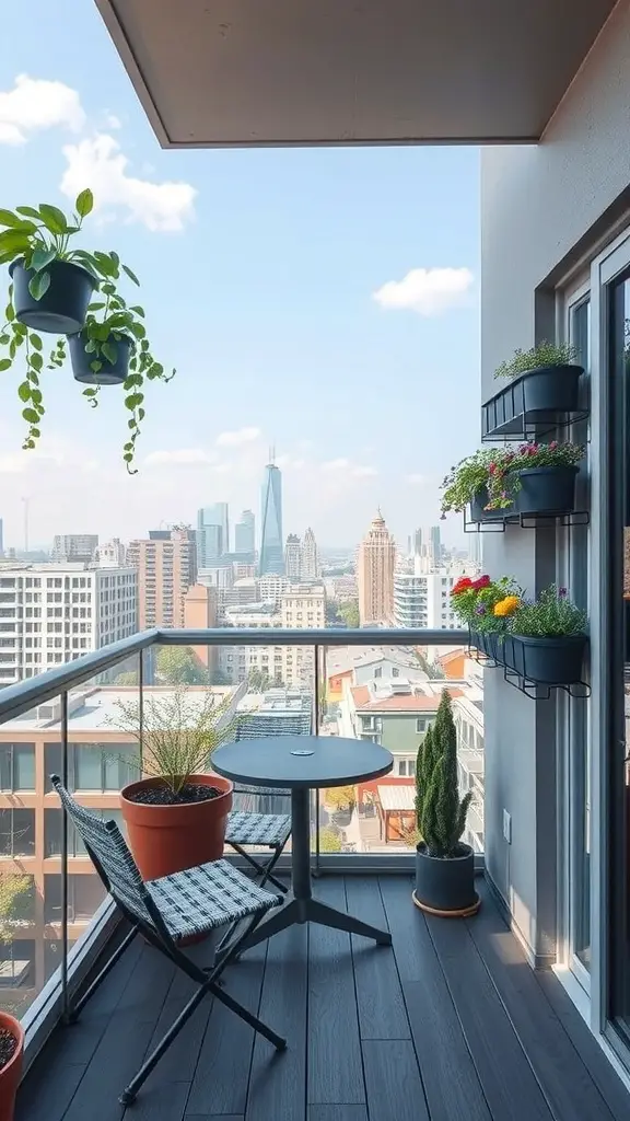 17 Stylish Patio Furniture Layout Ideas for Your Outdoor Space 17 A compact urban balcony with a small table, two chairs, and potted plants overlooking a city skyline.