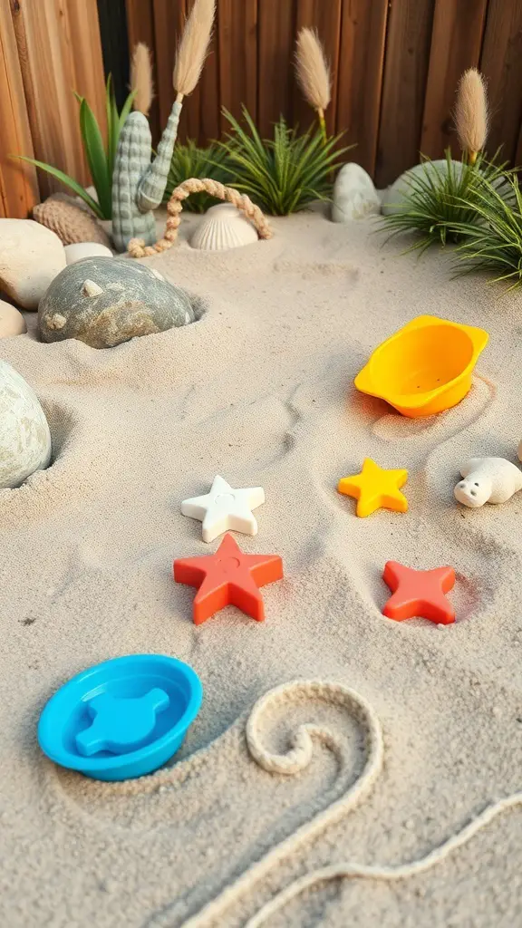 A playful sand area with colorful toys and decorative rocks.