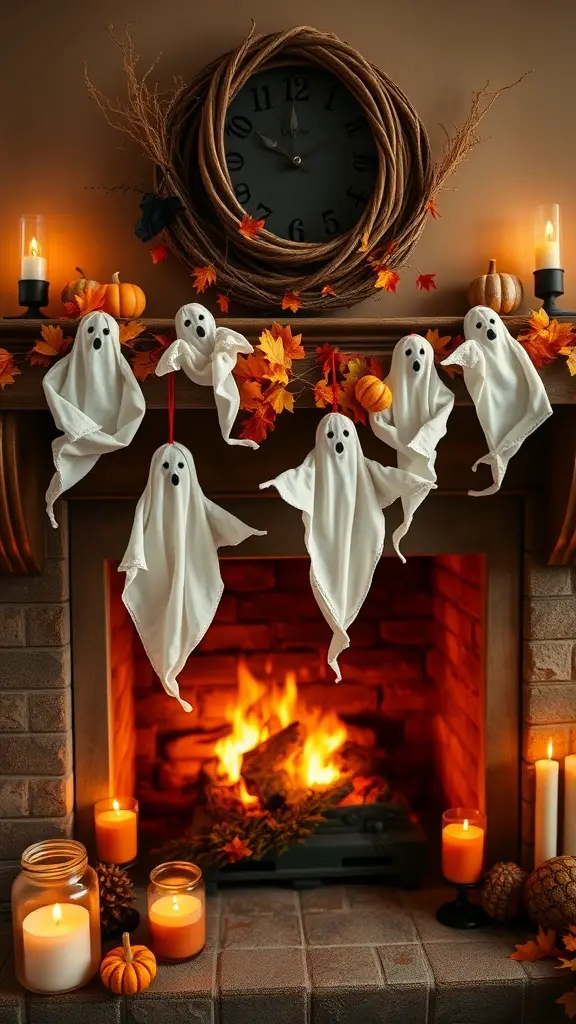 A cozy fireplace decorated with ghost garlands, pumpkins, and candles for Halloween.