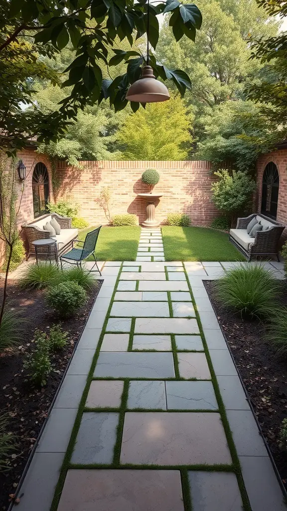 23+ Stunning Rectangular Backyard Design Ideas You’ll Love 7 A rectangular backyard with a stone pathway surrounded by greenery and seating areas.