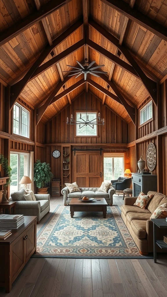 35+ Unique Pole Barn House Plans You'll Love 15 Interior of a pole barn home featuring wooden beams, cozy seating, and a decorative rug