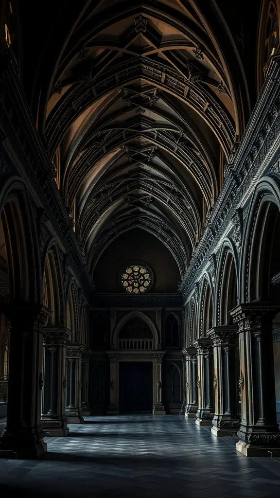 35+ Essential Dark Academia Decor Ideas for a Cozy Aesthetic 15 Interior view of a Gothic architectural space with vaulted ceilings and intricate arches.