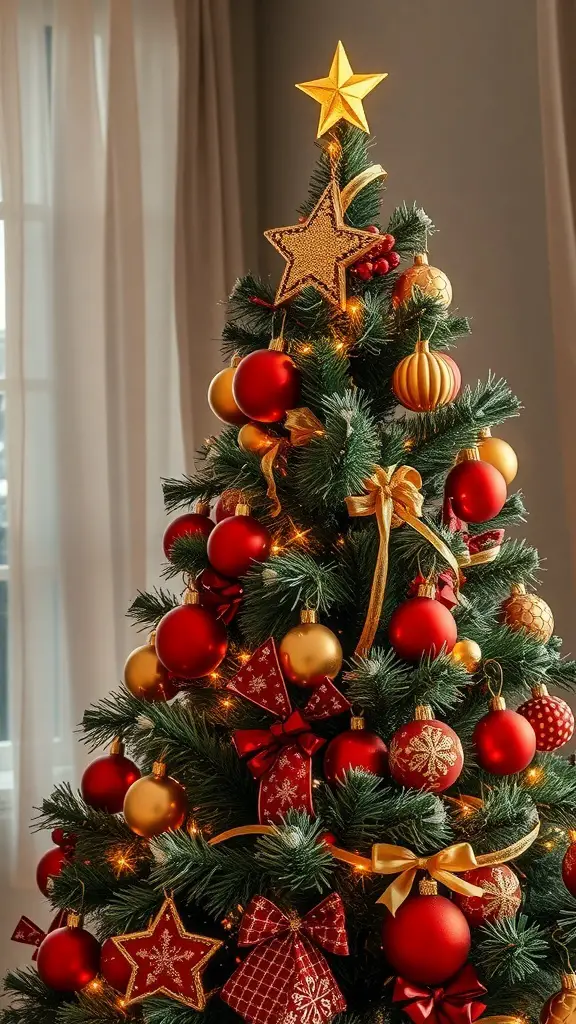 A beautifully decorated Christmas tree with red and gold ornaments, featuring a golden star on top and twinkling lights.