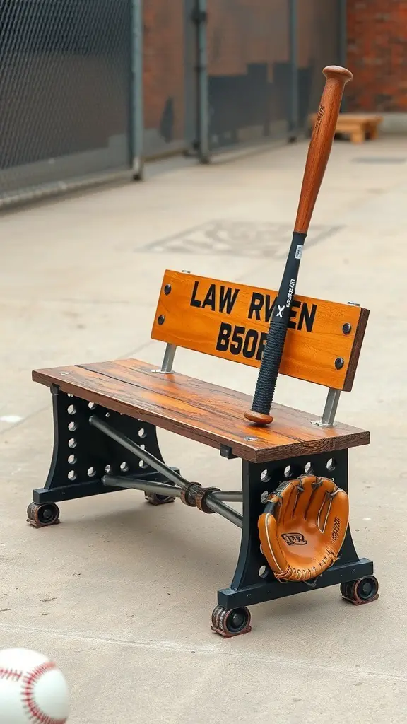19+ Inspiring Sports Room Decor Ideas to Elevate Your Space 4 A creative bench made from wood and metal, featuring a baseball bat as a backrest and a baseball glove as part of the design.