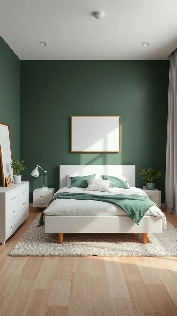 35+ Stunning Dark Green Bedroom Ideas for a Cozy Retreat 10 A minimalist bedroom featuring dark green walls and white furniture, creating a calm and inviting atmosphere.