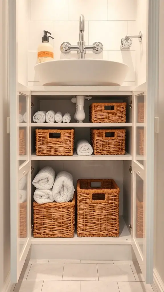 Under-sink storage with towels and woven baskets in a small bathroom