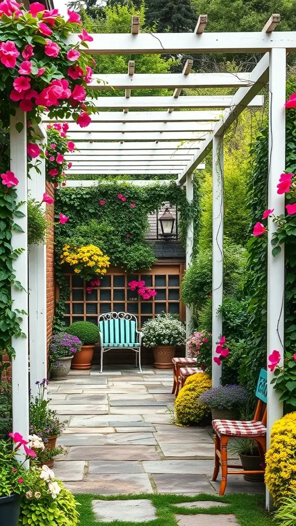 A colorful patio garden featuring a white trellis adorned with pink flowers, potted plants, and a cozy seating area.