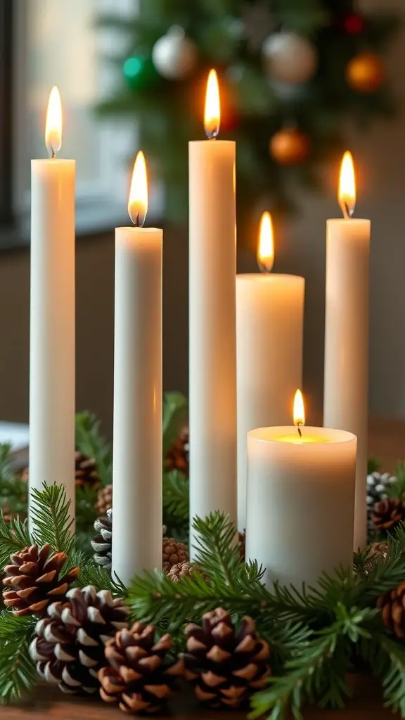 37+ Festive Christmas Room Decor Ideas to Transform Your Space 17 A festive arrangement of white candles surrounded by pinecones and greenery, creating a cozy Christmas atmosphere.
