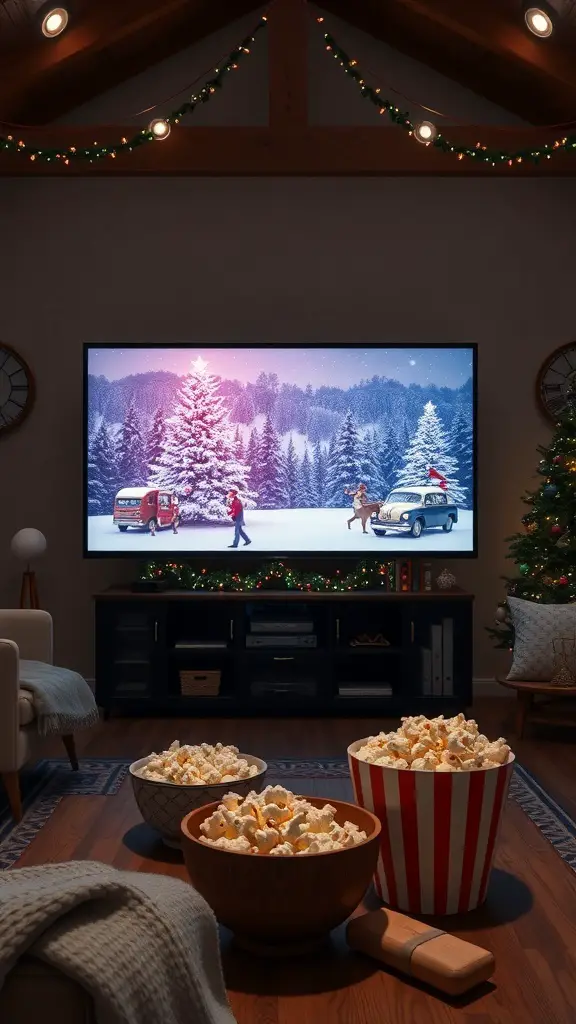 33+ Festive Christmas Party Ideas to Celebrate the Season 13 Cozy living room with a large screen showing a snowy Christmas scene, decorated with lights and a Christmas tree, surrounded by bowls of popcorn.