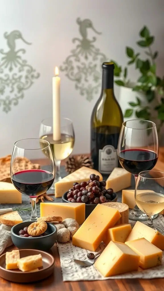 A beautifully arranged table with various cheeses, wine glasses, and grapes, set for a wine and cheese tasting.