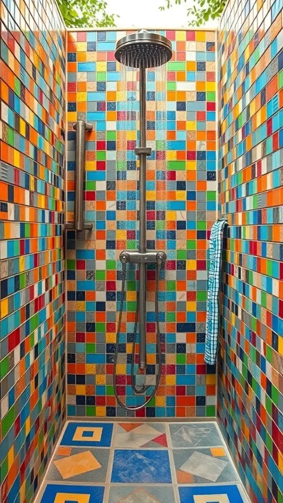 An outdoor shower featuring colorful mosaic tiles in various patterns.