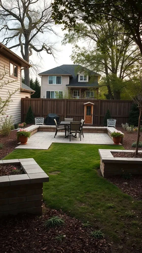 A square backyard featuring a stone patio, planters, and a grassy area.