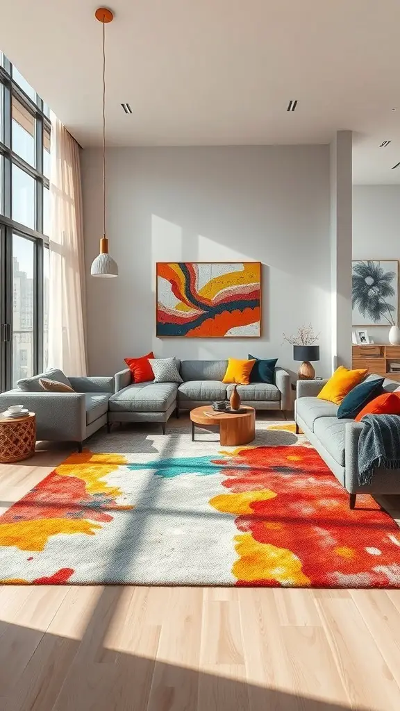 A modern living room featuring a colorful abstract rug with red, orange, and blue hues, complemented by gray sofas and colorful cushions.