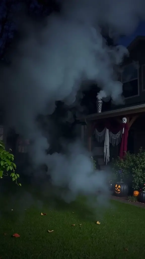 31+ Spooky Halloween House Decorations You Need This Season 16 A fog machine creating a spooky atmosphere in a Halloween decorated yard