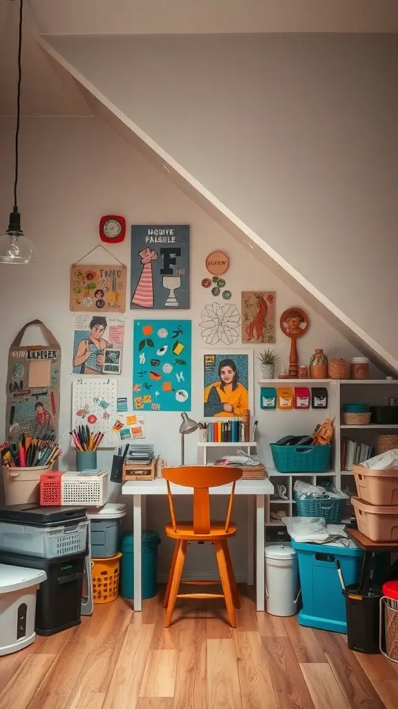25+ Creative Under Stairs Storage Ideas for Every Home 12 A cozy under stairs craft corner with a desk, colorful supplies, and wall art.