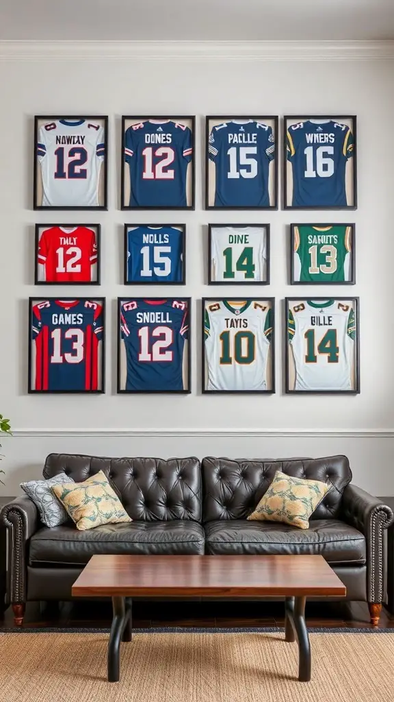 19+ Inspiring Sports Room Decor Ideas to Elevate Your Space 11 A wall displaying framed sports jerseys above a stylish couch.